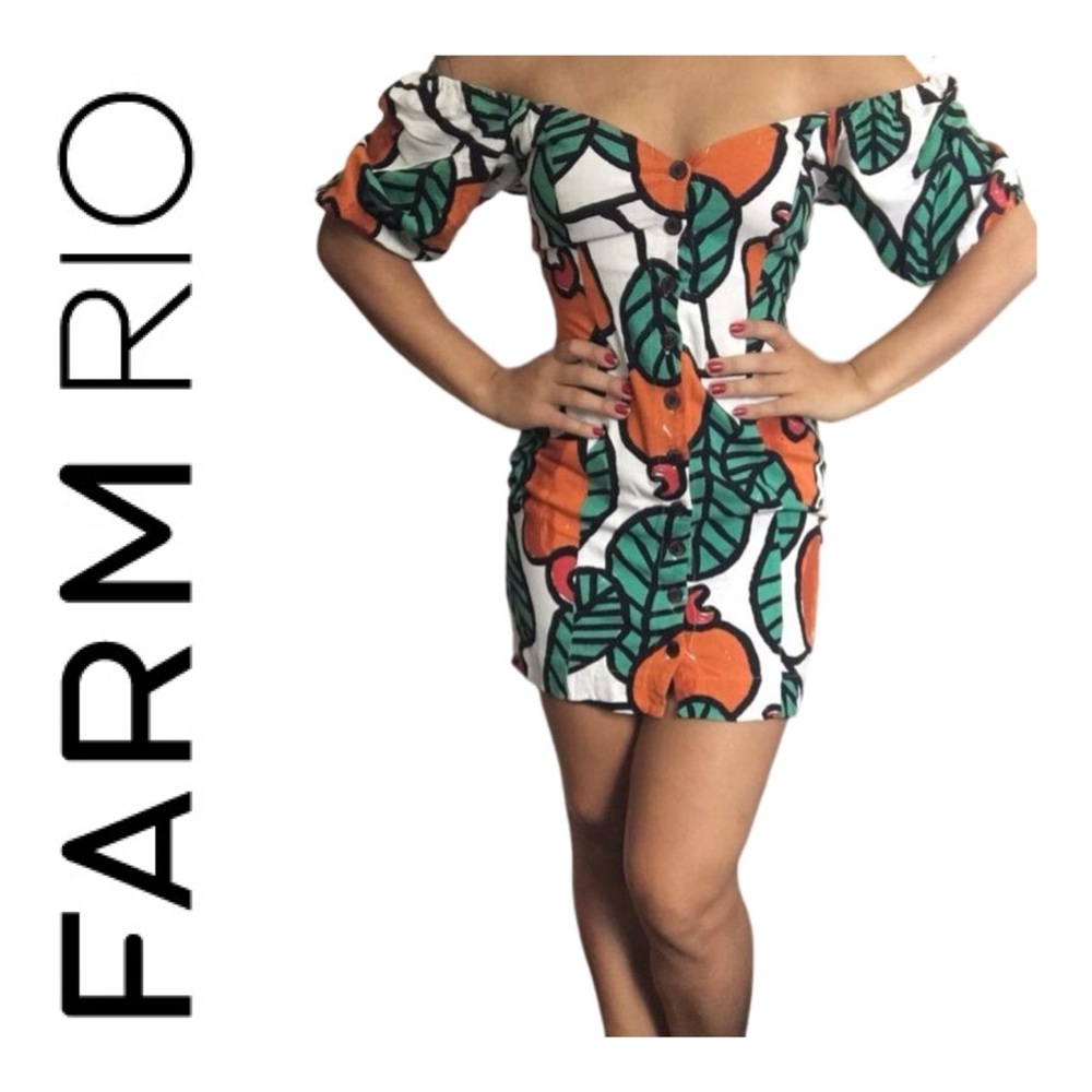 FARM Rio Off-Shoulder Dress with Orange and Green Print